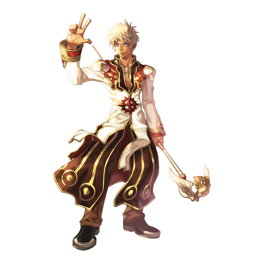 1boy 2000s_(style) arm_up black_footwear blonde_hair blue_eyes brown_coat brown_pants closed_mouth coat cross cross_necklace full_body gold_trim high_priest_(ragnarok_online) highres holding holding_staff jewelry layered_clothes long_sleeves looking_at_viewer male_focus medium_bangs multicolored_coat myung-jin_lee necklace official_art pants ragnarok_online red_coat shoes short_hair simple_background smile solo staff standing tachi-e tan transparent_background two-tone_coat waving white_coat