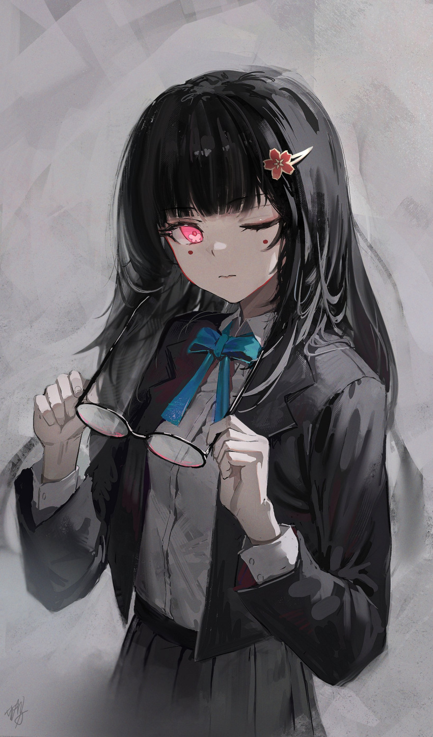 1girl absurdres alternate_costume black_hair black_jacket black_skirt blue_ribbon closed_mouth collared_shirt commentary_request facial_hair grey_background hair_ornament hairclip hands_up hidulume highres holding holding_removed_eyewear honkai:_star_rail honkai_(series) jacket long_hair long_sleeves neck_ribbon one_eye_closed open_clothes open_jacket pleated_skirt red_eyes revision ribbon school_uniform shirt shirt_tucked_in signature skirt solo sparkle_(honkai:_star_rail) symbol_in_eye unworn_eyewear white_shirt