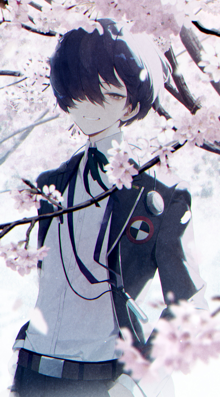 1boy absurdres belt black_jacket black_pants black_ribbon blue_hair blurry blurry_foreground brown_belt cherry_blossoms chromatic_aberration collared_shirt digital_media_player film_grain gekkoukan_high_school_uniform grey_eyes hair_over_one_eye half-closed_eyes hands_in_pockets headphones headphones_around_neck highres jacket long_sleeves looking_at_viewer male_focus muted_color neck_ribbon pants persona persona_3 ribbon school_uniform shi_chi_41 shirt short_hair smile solo tree white_shirt wing_collar yuuki_makoto_(persona_3)