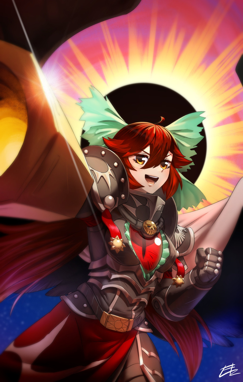 1girl absurdres adepta_sororitas ahoge arm_cannon armor black_sun bow brown_eyes cape commentary commission control_rod cowboy_shot elzielai english_commentary gauntlets green_bow hair_between_eyes hair_bow highres long_bangs long_hair looking_at_viewer open_mouth pauldrons redhead reiuji_utsuho shoulder_armor smile solo starry_sky_print sun third_eye touhou warhammer_40k weapon white_cape