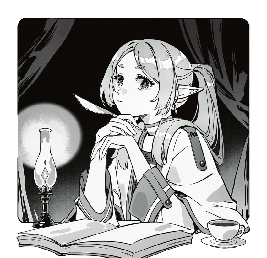 1girl :| book border capelet closed_mouth commentary_request cup curtains elf expressionless forehead frieren greyscale hands_up holding holding_quill indoors lamp long_hair long_sleeves looking_at_viewer monochrome open_book outside_border own_hands_together parted_bangs pointy_ears ponytail quill saucer sleeve_cuffs solo sousou_no_frieren teacup thick_eyebrows twintails upper_body xiang_wan_wei_wan