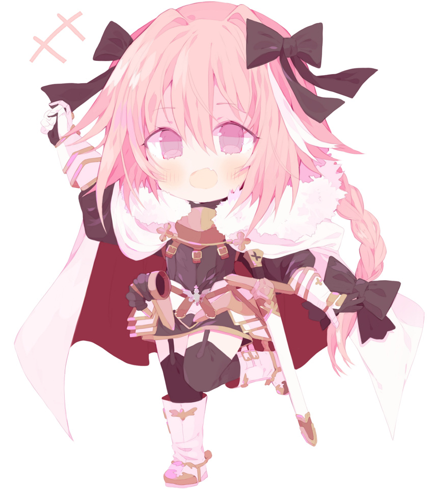 +++ 1boy arm_up armored_skirt astolfo_(fate) black_bow black_shirt black_thighhighs blush bow braid cape chocola_vt deformed fang fate/apocrypha fate_(series) fur-trimmed_cape fur_trim garter_straps hair_between_eyes hair_bow hair_intakes highres horn_(instrument) long_braid long_hair multicolored_hair open_hand open_mouth otoko_no_ko pink_hair scabbard sheath sheathed shirt simple_background single_braid skin_fang solo streaked_hair sword thigh-highs transparent_background two-sided_cape two-sided_fabric two-tone_hair very_long_hair violet_eyes weapon white_cape white_footwear white_hair