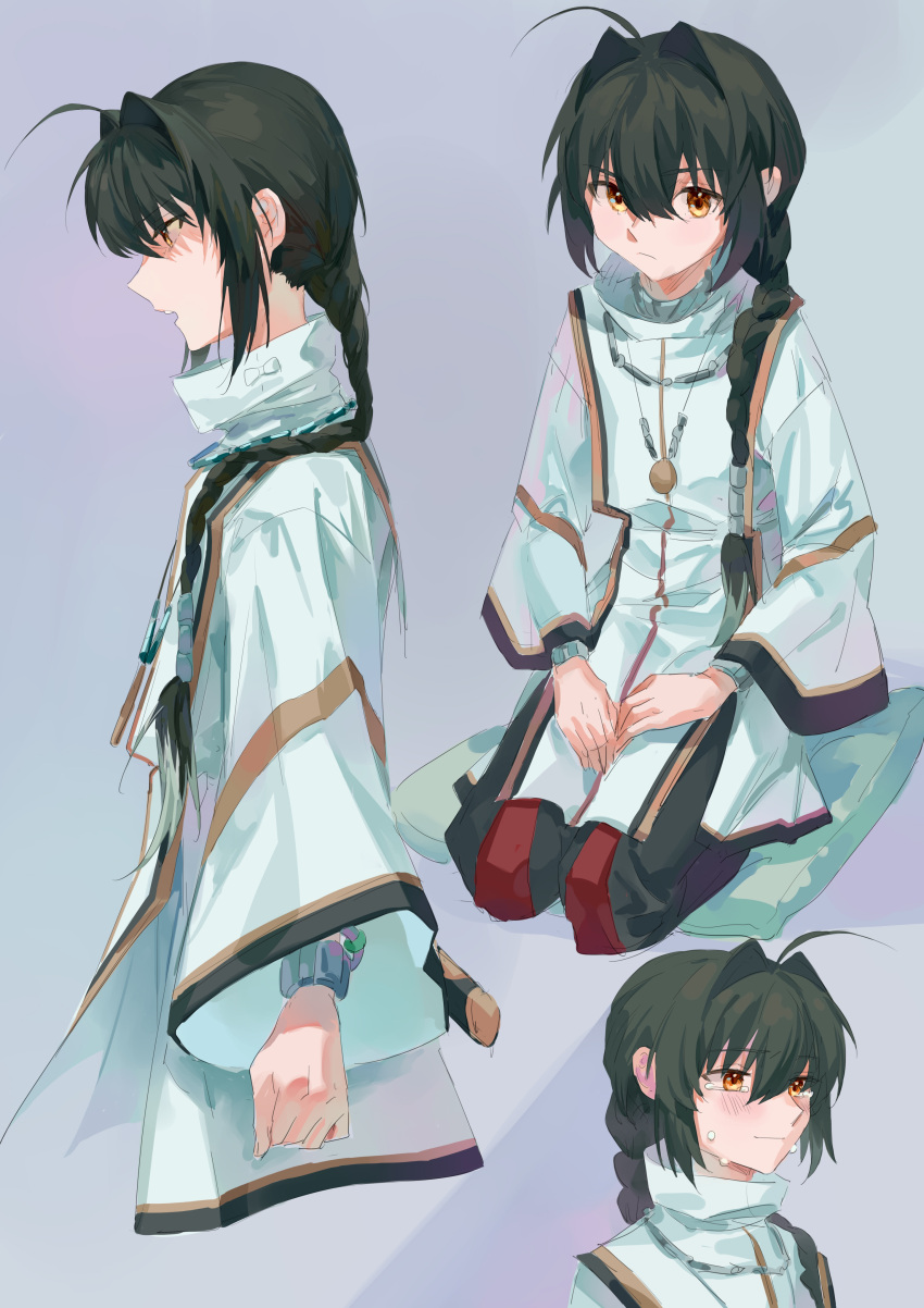 1other absurdres ahoge amulet androgynous black_hair black_hakama blush braid braided_ponytail cafun clenched_hand crying crying_with_eyes_open cushion fate/samurai_remnant fate_(series) hair_intakes hakama hands_on_lap highres japanese_clothes long_hair looking_at_viewer orange_eyes profile seiza sitting tears upper_body waraji yamato_takeru_(fate) zabuton