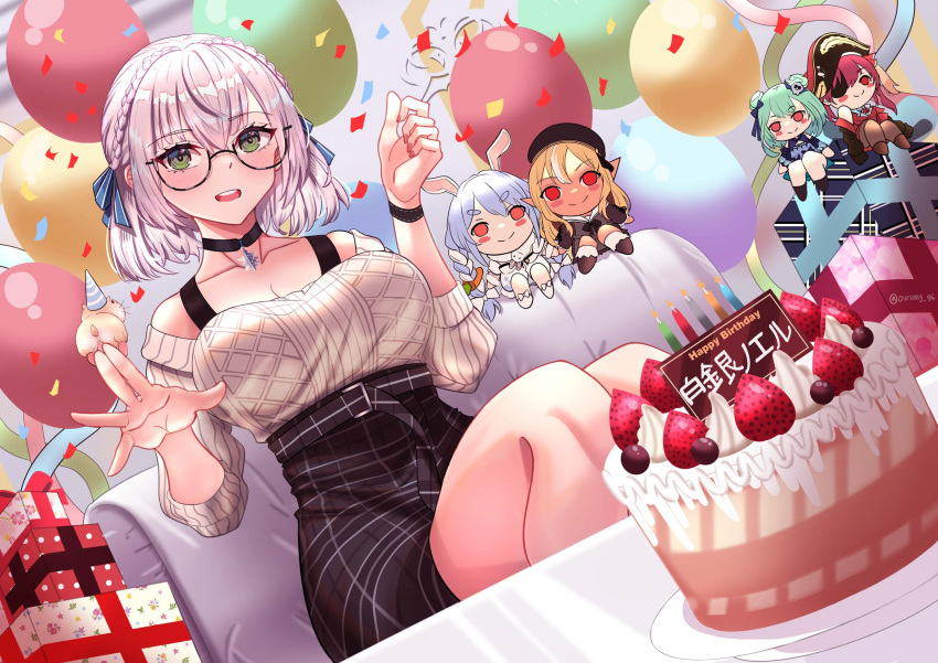 1girl balloon bare_shoulders between_breasts black_choker braid breasts cake choker commentary doll dress food french_braid fruit gift green_eyes grey_hair happy_birthday highres hololive hololive_fantasy houshou_marine houshou_marine_(1st_costume) large_breasts looking_at_viewer off-shoulder_sweater off_shoulder official_alternate_hairstyle open_mouth oursong_(kiam_pis) pinstripe_dress pinstripe_pattern ribbed_sweater shiranui_flare shiranui_flare_(street) shiranui_kensetsu shirogane_noel shirogane_noel_(casual) short_hair sitting smile snowflake_choker snowflake_pendant solo strap_between_breasts strawberry sweater sweater_tucked_in uruha_rushia uruha_rushia_(1st_costume) usada_pekora usada_pekora_(1st_costume) virtual_youtuber wavy_hair white_sweater
