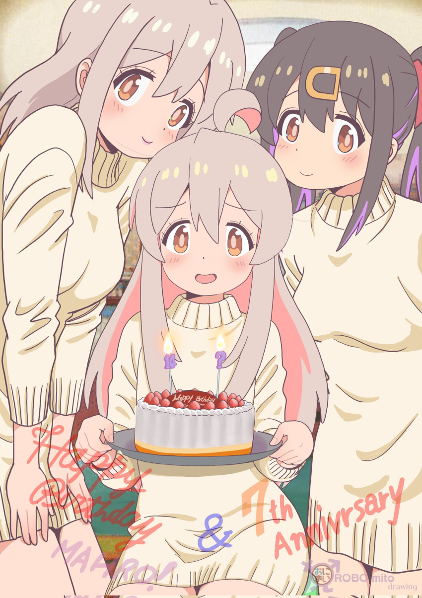 3girls :d artist_name birthday_cake black_hair brown_eyes cake colored_inner_hair commentary copyright_name corrupted_twitter_file dress food grey_hair hair_between_eyes hair_ornament hairclip happy_birthday highres hololive hololive_english indoors leaning_forward light_blush long_hair long_sleeves looking_at_viewer male-female_symbol matching_outfits mother_and_daughter multicolored_hair multiple_girls onii-chan_wa_oshimai! open_mouth oyama_mahiro oyama_matsuri oyama_mihari pink_hair purple_hair robomito siblings sidelocks sisters smile sweater sweater_dress twintails two-tone_hair yellow_sweater