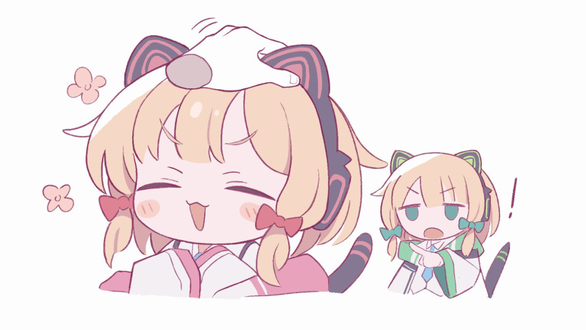 ! 2girls animal_ear_headphones animal_ears atat250 blonde_hair blue_archive blue_necktie bow cat_ears cat_tail chibi closed_eyes collared_shirt cropped_torso disembodied_limb dress_shirt fake_animal_ears fake_tail green_bow hair_bow headpat headphones highres long_sleeves medium_hair midori_(blue_archive) momoi_(blue_archive) motion_lines multiple_girls necktie open_mouth pointing pointing_at_another red_bow shirt siblings sisters tail twins upper_body v-shaped_eyebrows white_shirt wide_sleeves