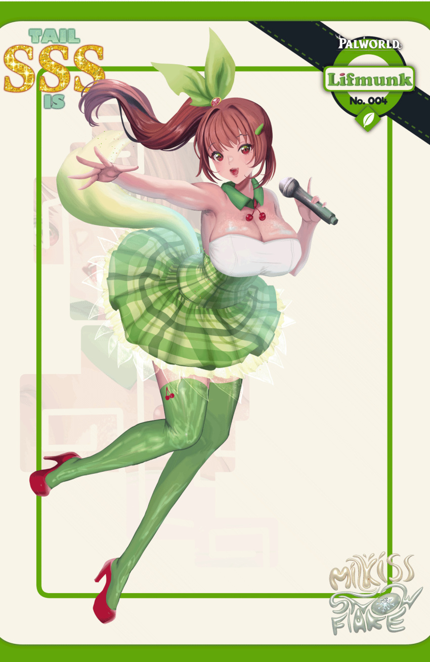animated animated_gif breasts brown_hair cherry food fruit green_ribbon highres holding holding_microphone idol large_breasts lifmunk live2d microphone milkissnowflake palworld red_eyes red_footwear ribbon thigh-highs waifudeck