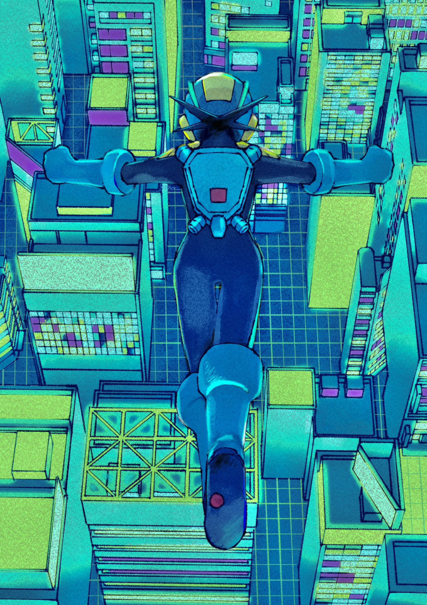 1boy blue_bodysuit bodysuit boots cityscape from_behind gauntlets helmet highres mega_man_(series) mega_man_battle_network_(series) megaman.exe midair nctn_patch scenery solo