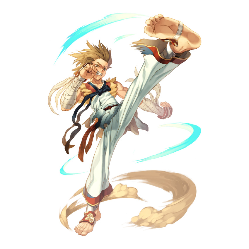 1boy 2000s_(style) arm_wrap barefoot black_bow black_bowtie bow bowtie brown_eyes brown_hair clenched_hand clenched_teeth dougi dust_cloud full_body highres kicking male_focus martial_arts medium_hair myung-jin_lee official_art pants ragnarok_online shirt simple_background soles solo tachi-e taekwon_(ragnarok_online) teeth toes transparent_background white_pants white_shirt
