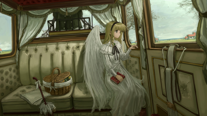 1girl 1other absurdres anbiyori basket blonde_hair book brooch chariot dress expressionless feathered_wings grey_eyes hairband highres holding holding_book jewelry long_hair looking_to_the_side neck_ribbon original ribbon ringlets sitting sky white_dress white_wings wings