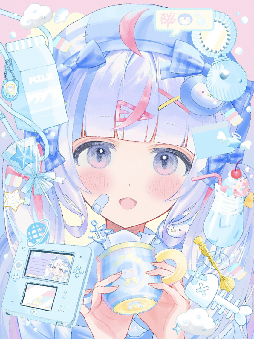 1girl :d absurdres ahoge anchor_symbol beret blue_hair blue_headwear blunt_bangs blush charm_(object) clouds commentary_request coral cup fish_bone food hair_ornament hairclip handheld_game_console hands_up hat highres holding holding_cup ice_cream ice_cream_float indie_virtual_youtuber long_hair looking_at_viewer milk_carton minho._(minh0_0o) mug multicolored_hair nintendo_2ds open_mouth pink_hair sango_(35sangosan)_(vtuber) smile solo speech_bubble streaked_hair twintails upper_body violet_eyes virtual_youtuber x_hair_ornament