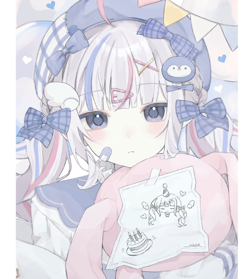 1girl ahoge bandaid bandaid_on_face beret birthday_cake blue_bow blue_eyes blue_hair blue_headwear blush bow cake closed_mouth drawing_(object) food grey_hair hair_bow hair_ornament hat heart highres hugging_object indie_virtual_youtuber long_hair long_sleeves looking_at_viewer multicolored_hair niaa paper penguin_hair_ornament pink_hair sango_(35sangosan)_(vtuber) solo streaked_hair string_of_flags stuffed_animal stuffed_rabbit stuffed_toy twintails upper_body virtual_youtuber wing_hair_ornament x_hair_ornament