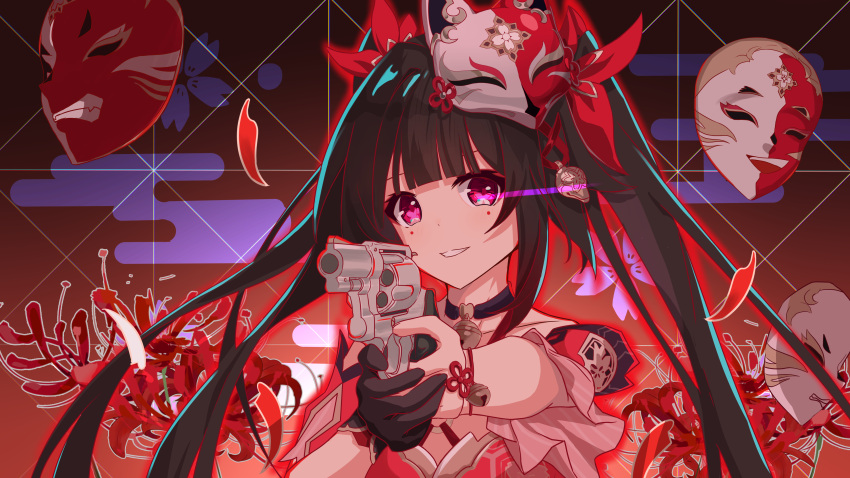 1girl :d absurdres bare_shoulders bell black_choker black_gloves bow choker collarbone dress eye_trail flower fox_mask gloves grin gun hair_bow highres holding holding_gun holding_weapon honkai:_star_rail honkai_(series) light_trail long_bangs long_hair mask mask_on_head neck_bell night_knife open_mouth outstretched_arms pink_eyes pointing pointing_at_viewer pointing_gun red_bow red_dress revolver sidelocks single_glove sleeveless sleeveless_dress smile snubnosed_revolver solo sparkle_(honkai:_star_rail) spider_lily teeth twintails weapon