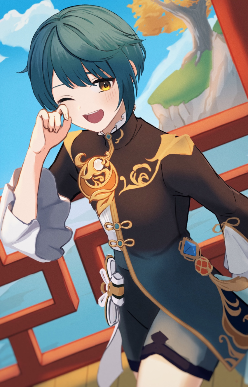 1boy absurdres blue_hair chinese_clothes commentary_request cowboy_shot domenica_mpana genshin_impact hand_up highres laughing looking_at_viewer male_focus one_eye_closed open_mouth outdoors short_hair solo vision_(genshin_impact) xingqiu_(genshin_impact) yellow_eyes