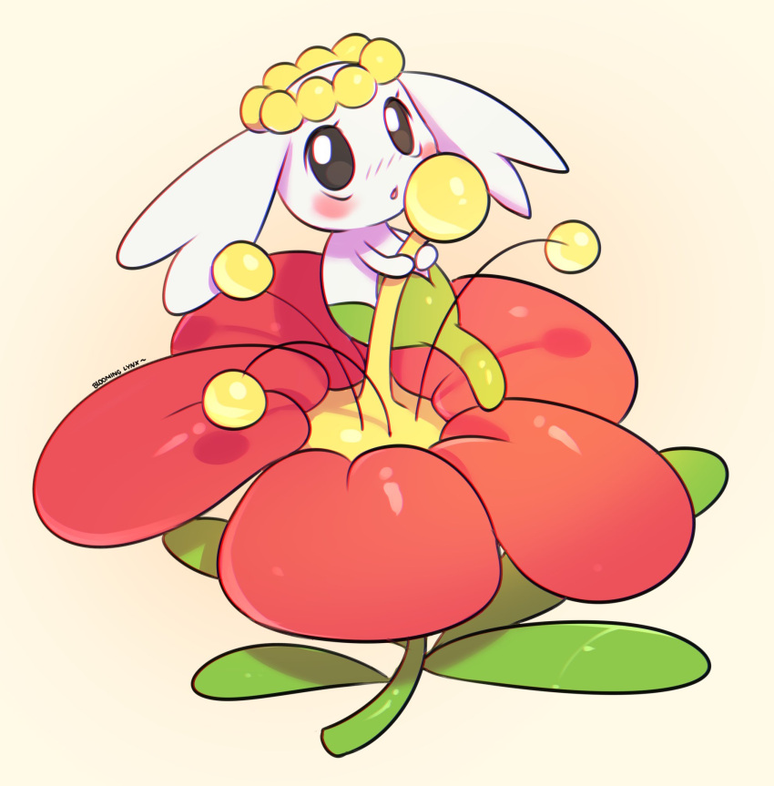 bloominglynx blush_stickers flabebe flower full_body highres looking_at_viewer no_humans pokemon pokemon_(creature) red_flower simple_background solo