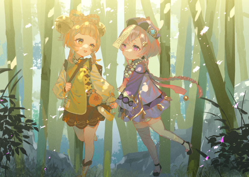 2girls :d backpack_basket bell black_footwear bow-shaped_hair braid brown_hair coin_hair_ornament day eye_contact forest genshin_impact hair_bell hair_ornament harushio highres holding_hands jewelry jiangshi jingle_bell long_hair long_sleeves looking_at_another multiple_girls nature necklace ofuda ofuda_on_head ofuda_on_leg outdoors pearl_necklace pocket qiqi_(genshin_impact) short_hair smile sunlight talisman tassel thigh-highs violet_eyes walking white_thighhighs yaoyao_(genshin_impact)