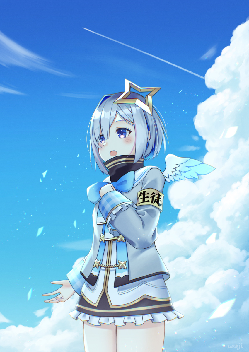 1girl absurdres amane_kanata amane_kanata_(1st_costume) angel_wings apple_(zdj0266) armband asymmetrical_bangs asymmetrical_hair black_skirt blue_bow blue_bowtie blue_hair blue_sky blue_wings blush bob_cut bow bowtie clouds cloudy_sky colored_inner_hair commentary contrail cowboy_shot day feathered_wings frilled_skirt frills gradient_wings grey_hair grey_jacket halo hand_on_own_chest highres hololive jacket long_sleeves mini_wings miniskirt multicolored_hair multicolored_wings open_mouth outdoors pink_hair sailor_collar short_hair sidelocks single_hair_intake skirt sky sleeve_cuffs solo standing star_halo streaked_hair violet_eyes virtual_youtuber white_sailor_collar white_wings wings yellow_armband