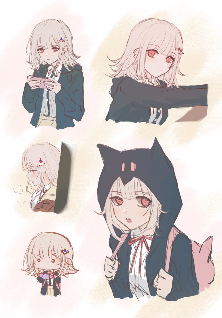 1girl :o absurdres animal_bag animal_ears backpack bag black_jacket black_shirt brown_eyes cat_bag danganronpa_(series) danganronpa_2:_goodbye_despair danganronpa_3_(anime) dress_shirt fake_animal_ears fu_ga_(vivi912912) hair_ornament handheld_game_console highres holding holding_handheld_game_console hood hood_up hope's_peak_academy_school_uniform jacket medium_hair multiple_views nanami_chiaki neck_ribbon official_alternate_costume open_clothes open_jacket pink_bag pink_hair playing_games ribbon school_uniform shirt shirt_tucked_in smile teeth upper_teeth_only white_shirt