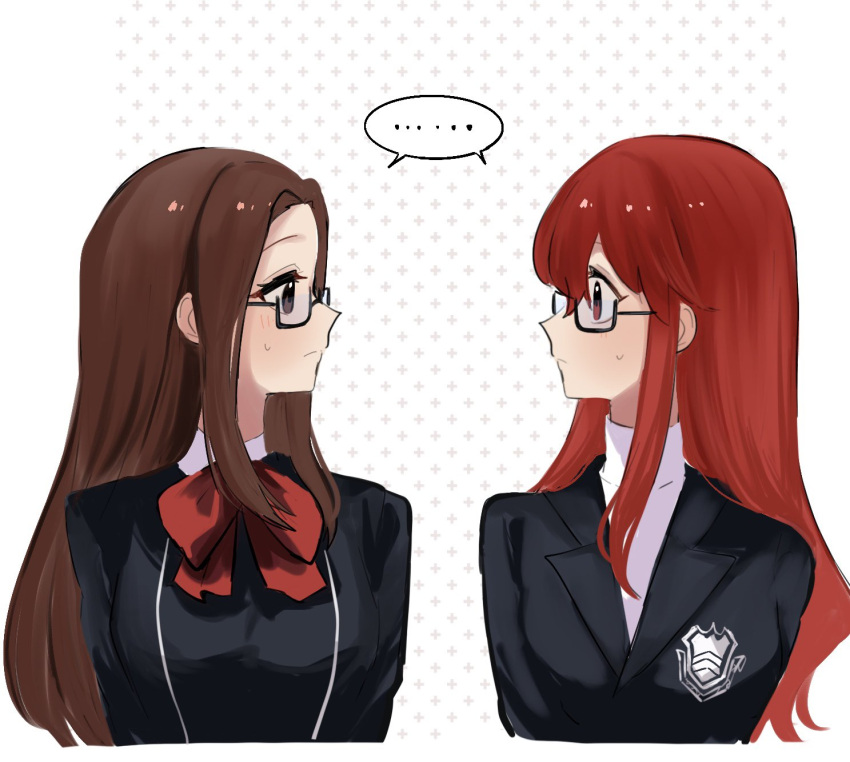 ... 2girls 710_ao black-framed_eyewear black_jacket blush bow bowtie breasts brown_eyes closed_mouth commentary_request fushimi_chihiro gekkoukan_high_school_uniform glasses highres jacket long_hair looking_at_another looking_to_the_side medium_breasts multiple_girls parted_bangs persona persona_3 persona_3_reload persona_5 persona_5_the_royal profile red_bow red_bowtie red_eyes redhead school_uniform shuujin_academy_school_uniform sidelocks speech_bubble sweatdrop sweater turtleneck turtleneck_sweater upper_body white_sweater yoshizawa_kasumi