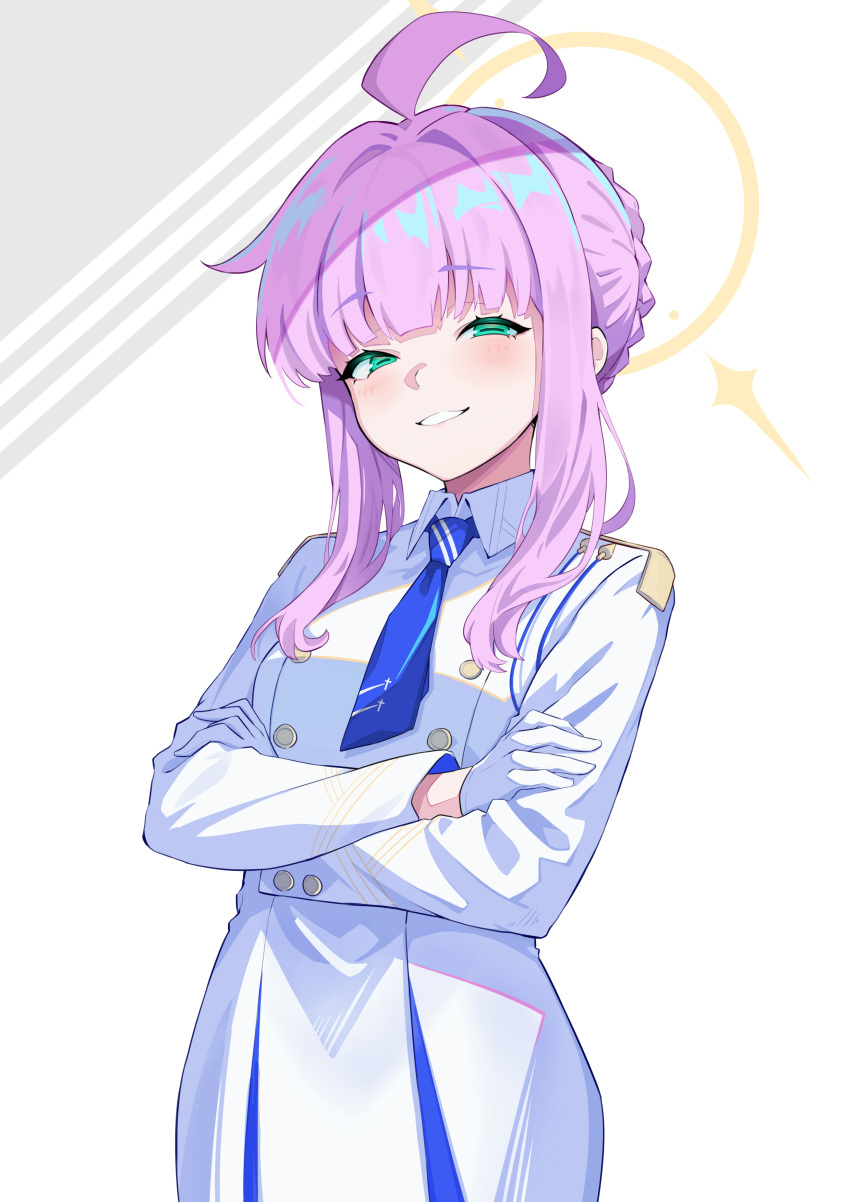 1girl absurdres ahoge blue_archive blue_necktie blush braid braided_bun buttons cowboy_shot crossed_arms double-breasted gloves green_eyes grin hair_bun halo highres horizontal_pupils kaya_(blue_archive) long_sleeves looking_at_viewer necktie pink_hair school_uniform short_hair_with_long_locks shoulder_boards sidelocks smile ta_men_takeshi_takeshi white_background white_gloves
