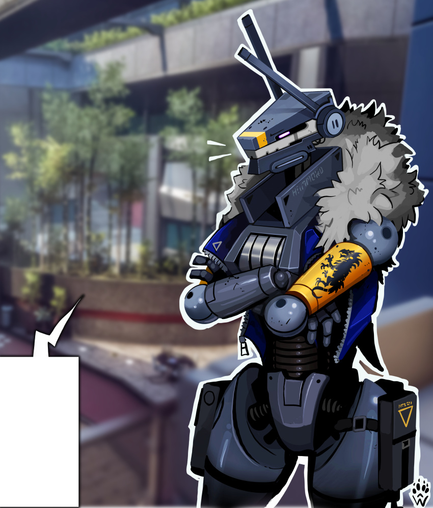absurdres blank_speech_bubble blue_jacket blurry blurry_background clothed_robot crossed_arms fur-trimmed_jacket fur_trim game_screenshot_background highres humanoid_robot jacket looking_ahead robot spectre_(titanfall) speech_bubble thigh_strap titanfall_(series) titanfall_2 violet_eyes wolfdawg_art