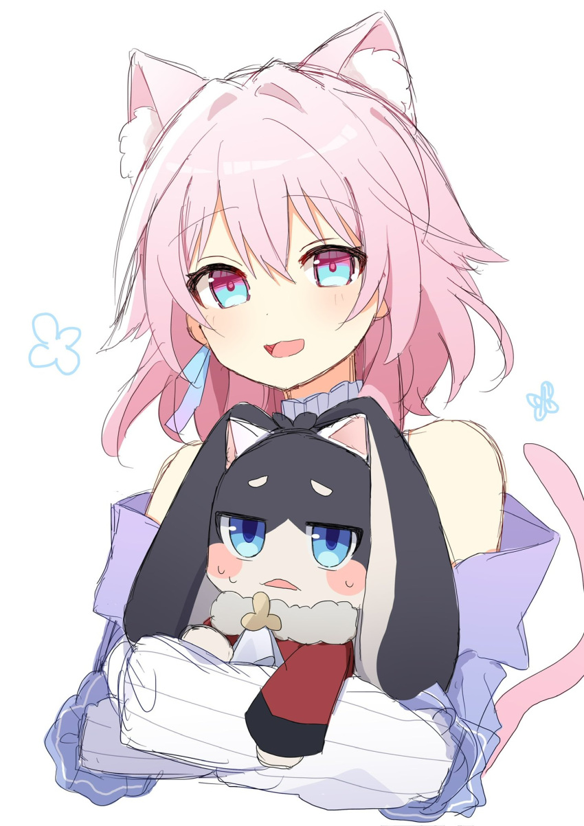 1girl alternate_costume animal_ear_fluff animal_ears bare_shoulders blue_eyes blush cat_ears cat_tail character_name commentary_request creature cropped_torso dot_nose earrings hair_between_eyes hair_intakes highres holding holding_creature honkai:_star_rail honkai_(series) jewelry kemonomimi_mode looking_at_viewer march_7th_(honkai:_star_rail) medium_hair open_mouth pink_eyes pink_fur pink_hair simple_background single_earring sketch smile tail two-tone_eyes upper_body uwasewau white_background