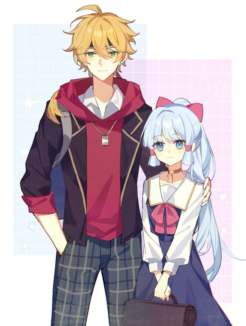 1boy 1girl ahoge alternate_costume backpack bag belt blonde_hair blue_background blue_bag blue_belt blue_dress blue_eyes blue_hair blush border bow bowtie brown_choker brown_jacket checkered_background choker closed_mouth collarbone collared_jacket collared_shirt dress ear_piercing genshin_impact green_eyes grey_pants hair_between_eyes hair_bow hair_ornament hair_tubes hand_in_pocket hand_on_another's_shoulder hand_up highres holding holding_suitcase hood hoodie jacket jewelry kamisato_ayaka long_hair long_sleeves looking_at_viewer mole mole_under_eye necklace open_clothes open_jacket outside_border pants piercing pinafore_dress pink_background pink_bow pink_bowtie plaid plaid_pants pocket ponytail puffy_long_sleeves puffy_sleeves red_hoodie reido_0723 shirt sidelocks sleeveless sleeveless_dress smile sparkle star_(symbol) suitcase thoma_(genshin_impact) white_border white_shirt