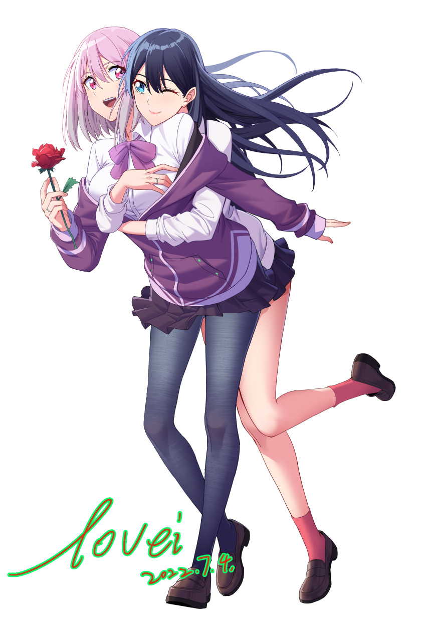 2girls absurdres black_hair black_pantyhose black_skirt bow bowtie breasts brown_footwear chinese_commentary closed_mouth collared_shirt commentary_request dated dress_shirt floating_hair flower full_body gridman_universe hair_between_eyes highres holding holding_flower hug hug_from_behind jacket jovei large_breasts loafers long_hair long_sleeves multiple_girls off_shoulder one_eye_closed open_mouth pantyhose partially_unzipped pink_hair pink_socks pleated_skirt purple_bow purple_bowtie purple_jacket red_flower red_rose rose shinjou_akane shirt shoes short_hair sidelocks simple_background skirt sleeves_past_wrists socks ssss.gridman takarada_rikka teeth upper_teeth_only white_background white_jacket white_shirt yuri