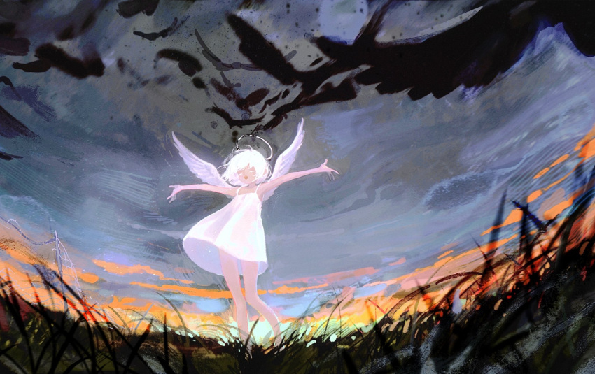 1girl angel angel_wings bare_legs bird closed_eyes clouds cloudy_sky crow dress from_below grass halo hidari_(nanmu-left) highres knees_together_feet_apart on_grass original outdoors outstretched_arms painterly short_hair sky spaghetti_strap white_dress white_hair wings