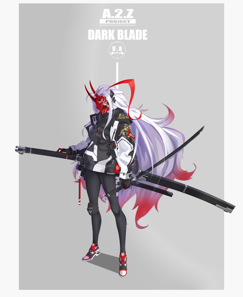 1girl absurdres ammunition_pouch antenna_hair black_pantyhose colored_tips covered_face cowlick english_text gloves grey_background highres holding holding_sword holding_weapon hood hoodie huge_weapon jacket knee_pads long_hair mask multicolored_hair oni_mask original pantyhose pouch purple_hair redhead reverse_grip sheath shoes sidelocks single_knee_pad sneakers solo sword ta_men_takeshi_takeshi very_long_hair weapon