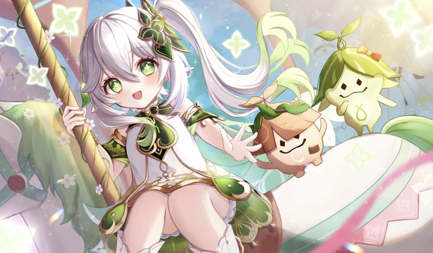 1girl :d aranara_(genshin_impact) bare_shoulders bloomers blue_sky braid carousel child cross-shaped_pupils dress dutch_angle feet_out_of_frame fingernails flower genshin_impact gold_trim gradient_hair green_eyes green_hair green_sleeves hair_between_eyes hair_ornament highres holding holding_pole horseback_riding leaf_hair_ornament looking_at_viewer multicolored_hair nahida_(genshin_impact) open_mouth outstretched_hand pointy_ears pole pomufuwari riding side_ponytail sidelighting sidelocks sitting sky sleeveless sleeveless_dress smile solo symbol-shaped_pupils tree white_bloomers white_dress white_flower white_footwear white_hair
