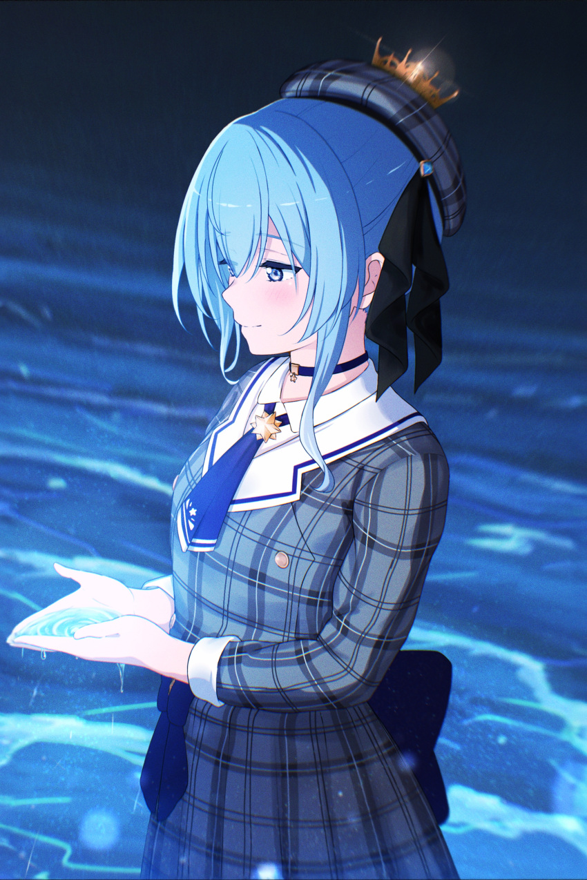1girl absurdres ascot beret blue_ascot blue_choker blue_eyes blue_hair blue_ribbon blush buttons choker closed_mouth commentary cowboy_shot crown diootaro double-breasted glint grey_headwear grey_jacket grey_skirt hair_ribbon hands_up hat highres holding_water hololive hoshimachi_suisei hoshimachi_suisei_(1st_costume) jacket medium_hair plaid plaid_headwear plaid_jacket plaid_skirt ribbon sidelocks skirt skirt_set sleeve_cuffs sleeves_past_elbows solo standing star_(symbol) star_choker virtual_youtuber water