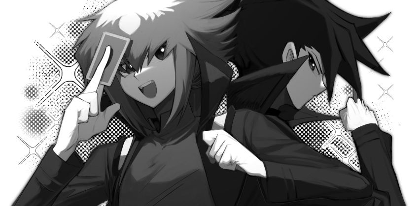 2boys between_fingers card clenched_hand coat eyebrows_hidden_by_hair greyscale highres holding holding_card jacket kd_(jichaman1) long_sleeves looking_at_viewer manjoume_jun monochrome multiple_boys open_mouth playing_card short_hair sparkle yu-gi-oh! yu-gi-oh!_gx yuuki_juudai
