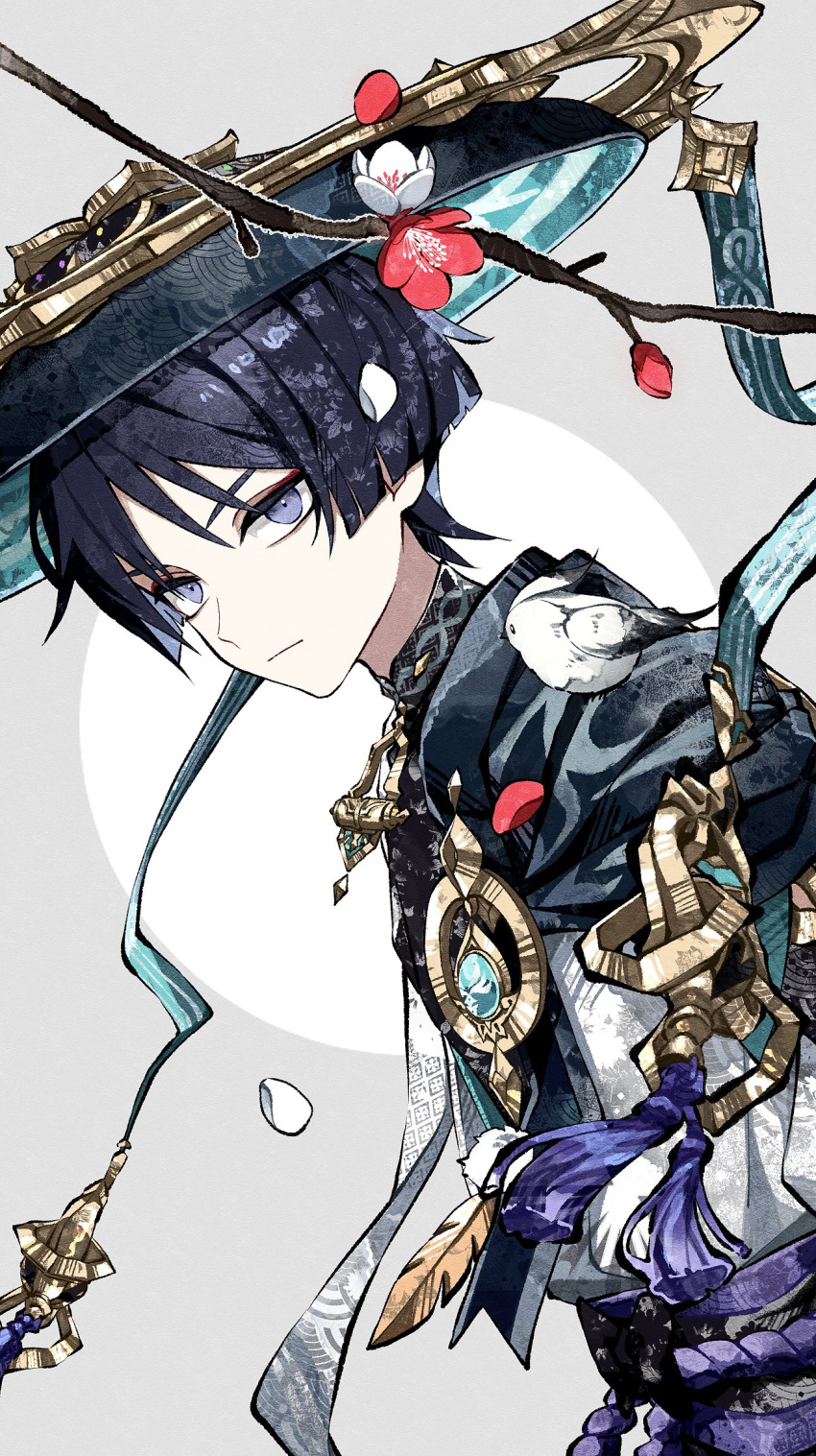 1boy belt bird black_belt black_bow black_hair black_shirt blue_cape blue_gemstone blue_headwear blunt_ends bow branch cape cha_hanare circle closed_mouth eyeshadow feathered_wings feathers flower gem genshin_impact gold_trim grey_background hair_between_eyes hat highres jingasa leaf looking_at_viewer makeup male_focus mandarin_collar open_clothes open_vest petals pom_pom_(clothes) purple_belt red_eyeshadow red_flower scaramouche_(genshin_impact) shirt short_hair short_sleeves simple_background solo standing tassel vest violet_eyes vision_(genshin_impact) wanderer_(genshin_impact) white_feathers white_flower white_vest wings