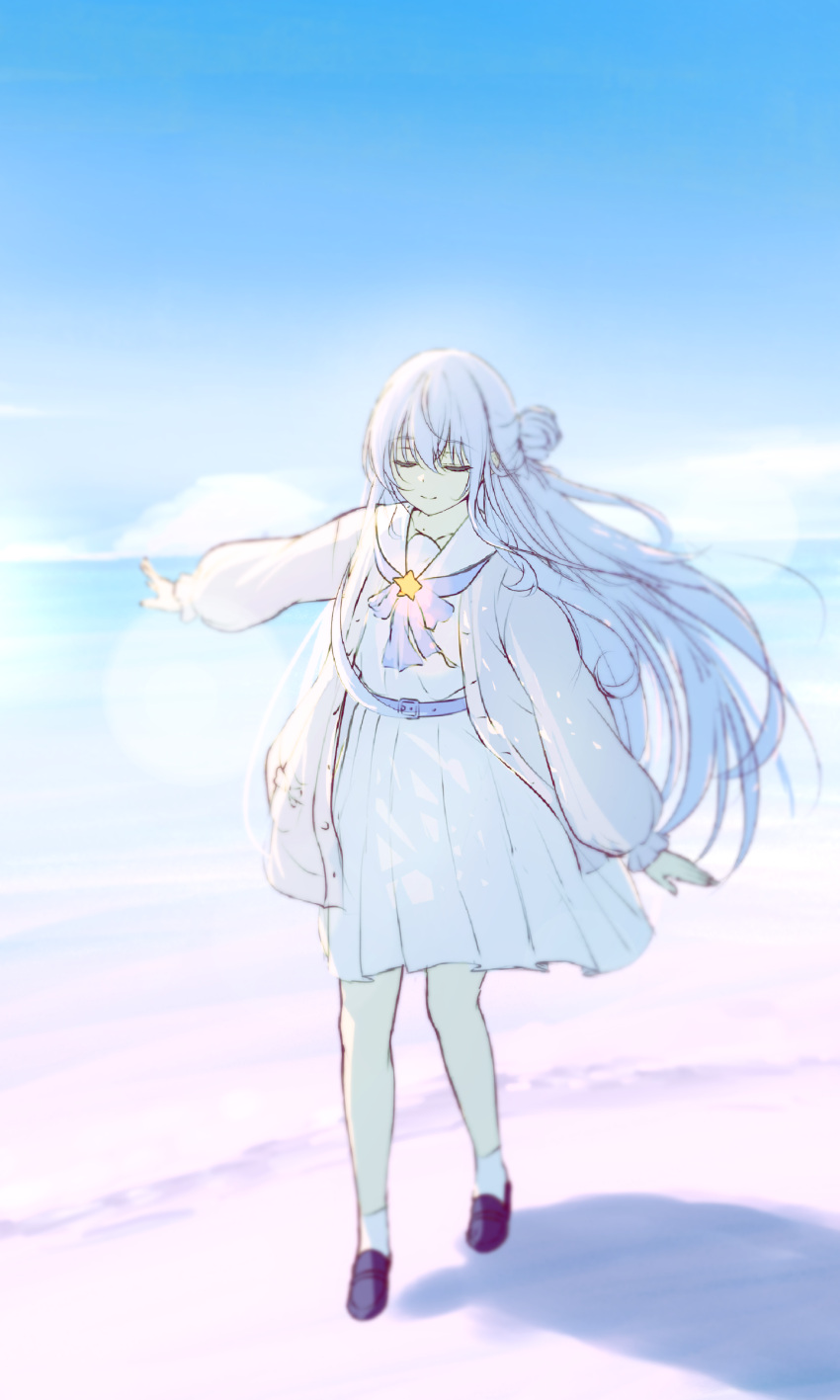 1girl absurdres aran_sweater beach belt black_footwear blue_belt blue_bow blue_bowtie blue_hair blue_sky bow bowtie cable_knit cardigan clear_sky closed_eyes closed_mouth commentary day diootaro full_body grey_cardigan hair_bun half_updo highres hololive hoshimachi_suisei hoshimachi_suisei_(school_uniform) loafers long_hair medium_skirt official_alternate_costume official_alternate_hair_length official_alternate_hairstyle open_cardigan open_clothes outdoors outstretched_arm pleated_skirt sailor_collar school_uniform serafuku shirt shoes shore side_up_bun single_side_bun skirt sky smile solo standing sweater very_long_hair virtual_youtuber water white_sailor_collar white_serafuku white_shirt white_skirt