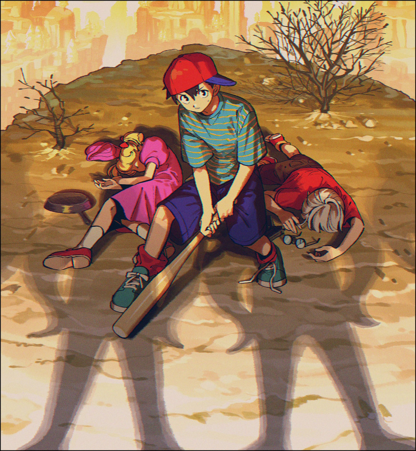 1girl 2boys ana_(mother) baseball_bat baseball_cap black_hair blonde_hair blue_footwear blue_shorts broken_eyewear brown_shorts cliff closed_mouth dress frying_pan glasses grey_hair hat highres kwsby_124 lloyd_(mother) lying male_focus mother_(game) mother_1 multiple_boys ninten on_side on_stomach outdoors pink_dress red_footwear red_headwear red_shirt red_socks shadow shirt shoes shorts sideways_hat sneakers socks starman_(mother) striped_clothes striped_shirt sweat untied_footwear