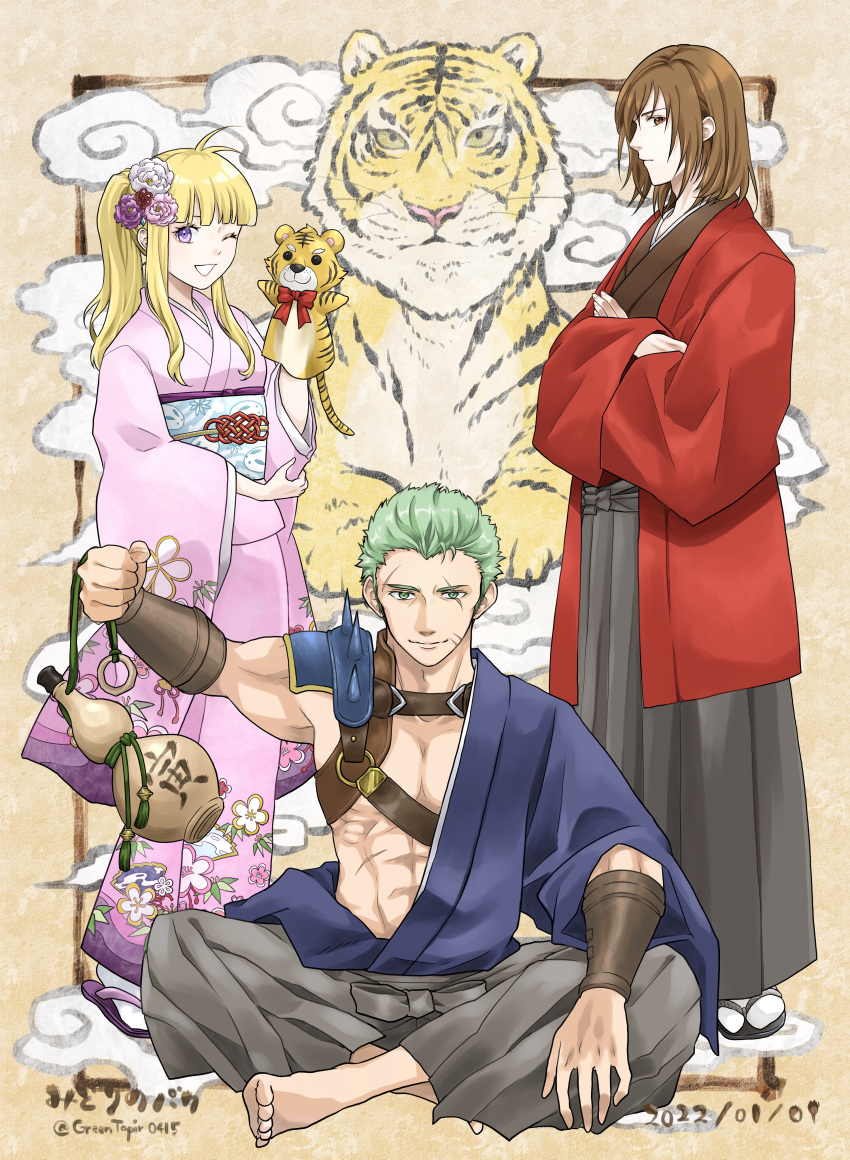 1girl 2boys abs absurdres artist_name barefoot blonde_hair brown_background brown_eyes brown_hair clarine_(fire_emblem) closed_mouth commentary_request crossed_arms dated dieck_(fire_emblem) eyelashes fire_emblem fire_emblem:_the_binding_blade flower gourd green_eyes green_hair grey_hakama hair_flower hair_ornament hakama haori highres inset_border japanese_clothes kimono light_smile looking_at_viewer midori_no_baku multiple_boys one_eye_closed pectorals print_kimono rutger_(fire_emblem) sandals scar scar_across_eye short_hair shoulder_spikes sitting smile spikes standing teeth tiger twitter_username violet_eyes whiskers zouri