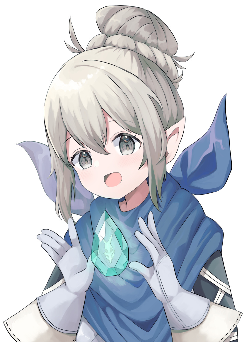 1girl absurdres armor blue_neckerchief commentary_request dragonstone fire_emblem fire_emblem_fates floating floating_object gem gloves grey_eyes grey_hair hair_between_eyes hair_bun happy highres kana_(female)_(fire_emblem) kana_(fire_emblem) light_blush looking_at_viewer neckerchief open_mouth paro3920 partial_commentary pointy_ears sidelocks simple_background solo upper_body white_background