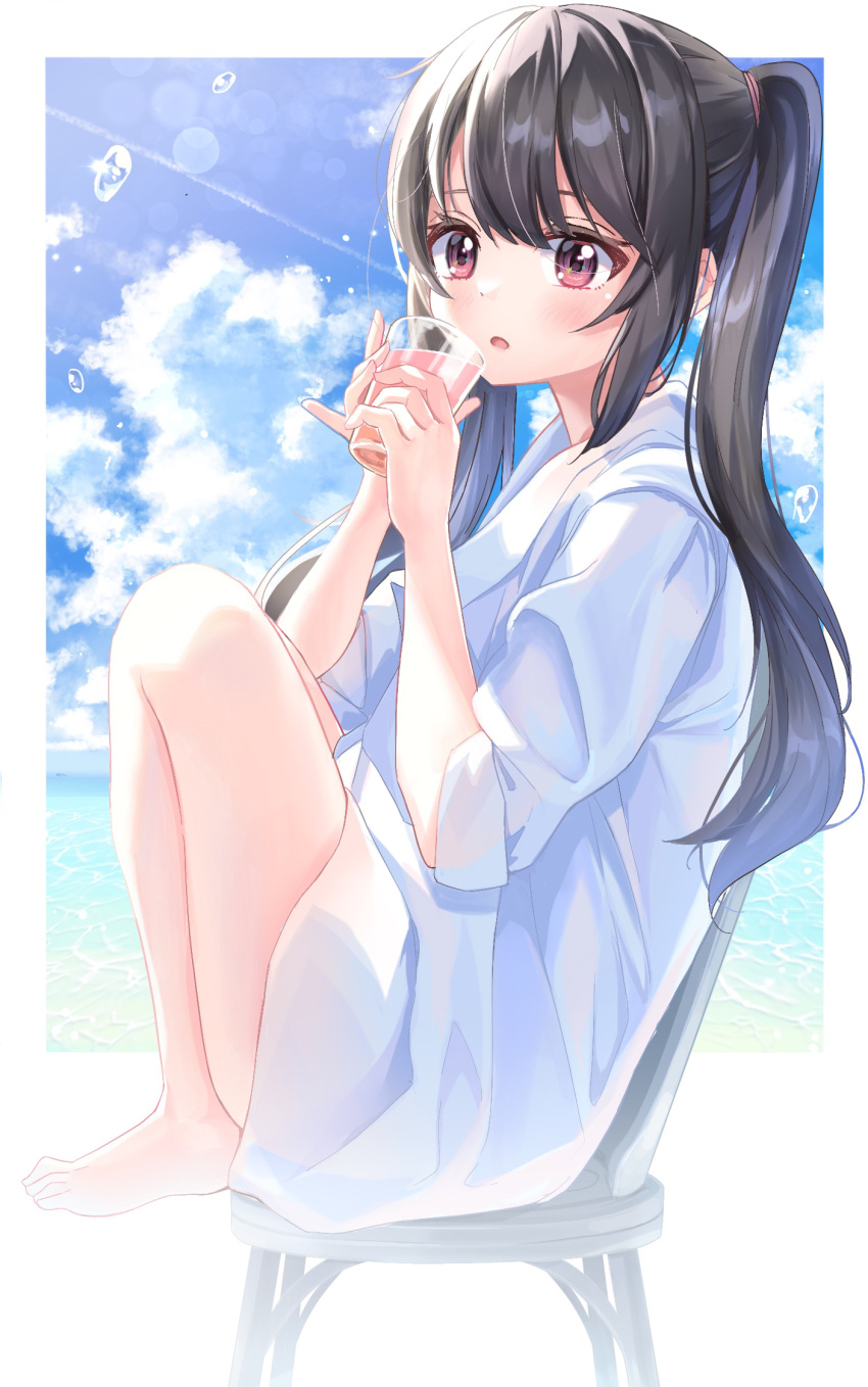 1girl bare_legs barefoot beach black_hair blue_sky blush clouds cumulonimbus_cloud cup drink hair_between_eyes highres holding holding_cup light_particles light_rays long_hair looking_at_viewer ocean on_chair open_mouth original oversized_clothes red_eyes shirt sidelocks sitting sky summer sunbeam sunlight twintails tyutaka0427 water_drop white_shirt