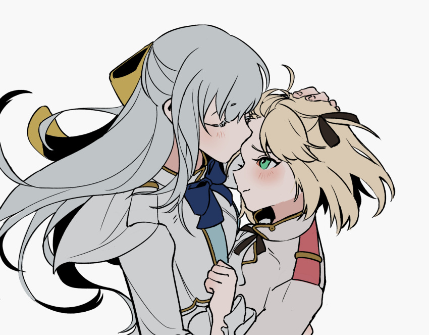 2girls anisphia_wynn_palettia aqua_eyes black_ribbon blonde_hair blue_bow blush bow closed_eyes closed_mouth collared_jacket commentary_request couple euphyllia_magenta facing_another flat_color floating_hair grey_hair hair_ribbon half_updo hand_on_another's_chest hand_on_another's_head hand_on_another's_waist height_difference hug jacket kiss kissing_forehead lelioz long_hair looking_at_another medium_hair multiple_girls ribbon simple_background tensei_oujo_to_tensai_reijou_no_mahou_kakumei upper_body wavy_mouth white_background white_jacket yellow_bow yellow_ribbon yuri