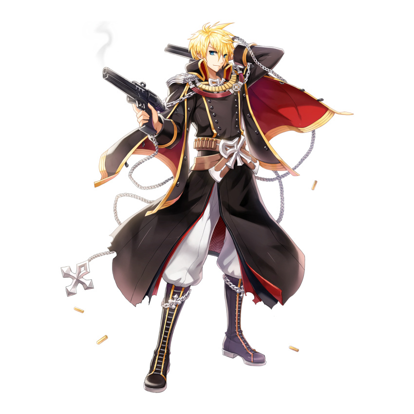 1boy arm_up bandolier belt black_coat black_footwear blonde_hair blue_eyes boots brown_belt buttons chain closed_mouth coat cross double-breasted dual_wielding emblem epaulettes full_body gold_trim gun hair_between_eyes handgun highres holding holding_gun holding_weapon leona_(pixiv) long_bangs long_sleeves looking_at_viewer male_focus military_uniform official_art pants pants_tucked_in ragnarok_online rebellion_(ragnarok_online) revolver shell_casing short_hair simple_background smile solo standing tachi-e transparent_background uniform weapon white_pants