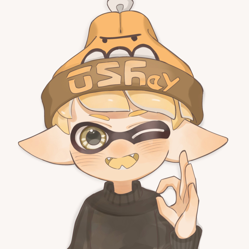 1boy beanie blonde_hair commentary_request hat highres inkling inkling_boy inkling_player_character lemo_(lemo_4) male_focus ok_sign one_eye_closed open_mouth orange_headwear pointy_ears short_hair simple_background smile solo splatoon_(series) teeth tentacle_hair upper_body white_background yellow_eyes