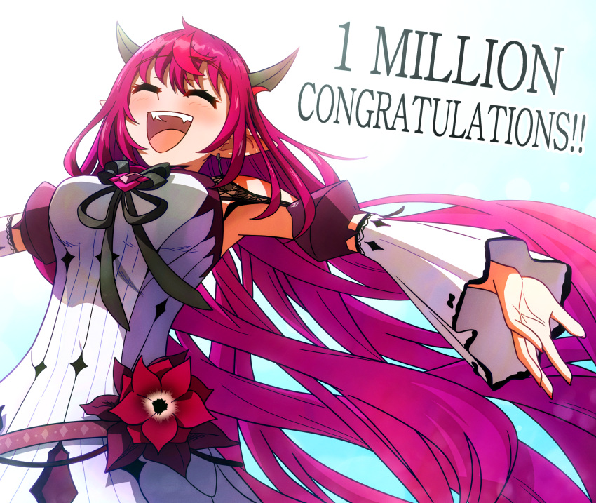 1girl closed_eyes ddolbang detached_sleeves dress highres hololive hololive_english irys_(hololive) irys_(irys_2.0)_(hololive) long_hair milestone_celebration multicolored_hair open_mouth pointy_ears purple_hair redhead sleeveless sleeveless_dress smile solo teeth two-tone_hair upper_teeth_only very_long_hair virtual_youtuber white_dress white_sleeves