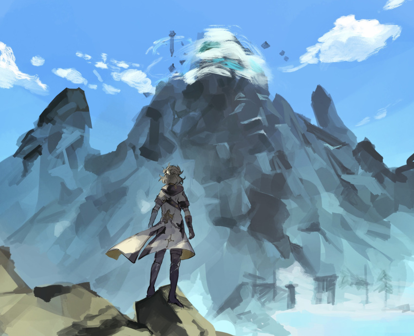 1boy absurdres albedo_(genshin_impact) blonde_hair blue_sky boots brown_gloves clouds coat from_behind genshin_impact gloves hair_bun highres knee_boots landscape looking_ahead mountain on_rock outdoors scenery sky solo standing white_coat zuu_(kyuudo9)