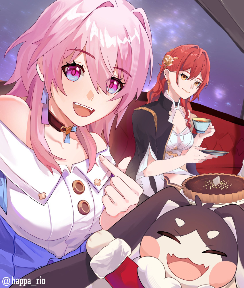 2girls bare_shoulders black_choker black_jacket blue_eyes breasts buttons choker closed_mouth commentary_request cup dress dress_shirt earrings food_request hair_between_eyes hair_intakes happa_rin highres himeko_(honkai:_star_rail) holding holding_cup holding_saucer honkai:_star_rail honkai_(series) jacket jewelry large_breasts looking_at_viewer march_7th_(honkai:_star_rail) medium_breasts medium_hair multiple_girls open_clothes open_jacket open_mouth pink_eyes pink_hair pink_jacket pom-pom_(honkai:_star_rail) redhead saucer shirt single_earring smile teacup twitter_username two-tone_eyes upper_body watermark white_dress white_shirt yellow_eyes