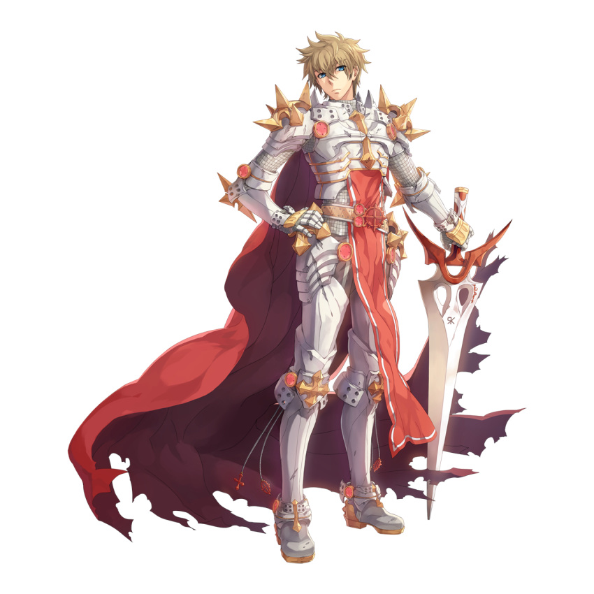 1boy armor armored_boots belt blue_eyes boots breastplate brown_belt cape chainmail closed_mouth cross cross_of_prontera expressionless full_body gauntlets hair_between_eyes hand_on_own_hip highres holding holding_sword holding_weapon leg_armor leona_(pixiv) light_brown_hair long_bangs male_focus official_art pauldrons ragnarok_online red_cape rune_knight_(ragnarok_online) short_hair shoulder_armor simple_background solo spiked_pauldrons standing sword tabard tachi-e torn_cape torn_clothes transparent_background weapon