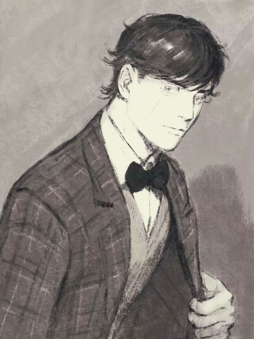 1boy bow bowtie chengongzi123 closed_mouth collared_jacket collared_shirt edogai_yasaku golden_kamuy grey_background greyscale hand_up highres jacket looking_at_viewer male_focus monochrome open_clothes open_jacket plaid plaid_jacket shirt short_hair simple_background solo upper_body vest