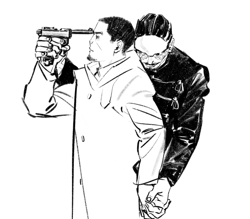 2boys chengongzi123 closed_mouth coat facial_hair goatee golden_kamuy greyscale gun gun_to_head hand_up highres holding holding_gun holding_hands holding_weapon hood hooded_coat long_sleeves looking_at_another male_focus monochrome multiple_boys mustache short_hair simple_background standing tsukishima_hajime tsurumi_tokushirou upper_body very_short_hair weapon weapon_request white_background