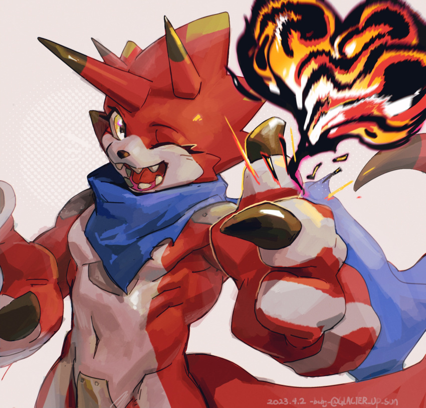 absurdres artist_name betelgammamon blue_scarf claws dated digimon digimon_(creature) fire glacier_up_sun heart highres horns looking_at_viewer no_humans one_eye_closed scarf solo teeth upper_body watermark yellow_eyes