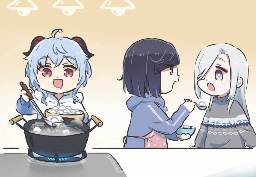 3girls ahoge alternate_costume apron black_hair blue_eyes blue_hair blue_hoodie boiling bowl chinese_commentary closed_mouth commentary_request cooking drooling food ganyu_(genshin_impact) genshin_impact glutton goat_horns gradient_background gradient_hair green_eyes grey_hair grey_sweater hair_between_eyes hair_over_one_eye hand_up holding holding_bowl hood hoodie horns lamp lantern_festival long_hair long_sleeves looking_at_another looking_down multicolored_eyes multicolored_hair multiple_girls open_mouth orange_background pink_apron polka_dot polka_dot_apron puffy_long_sleeves puffy_sleeves saucepan shenhe_(genshin_impact) short_hair sidelocks single_stripe smile standing star_(symbol) star_print steam striped_clothes striped_sweater sweater table tangyuan tongue turtleneck turtleneck_sweater v-shaped_eyebrows violet_eyes water white_background white_hoodie xinzoruo yelan_(genshin_impact) yellow_eyes